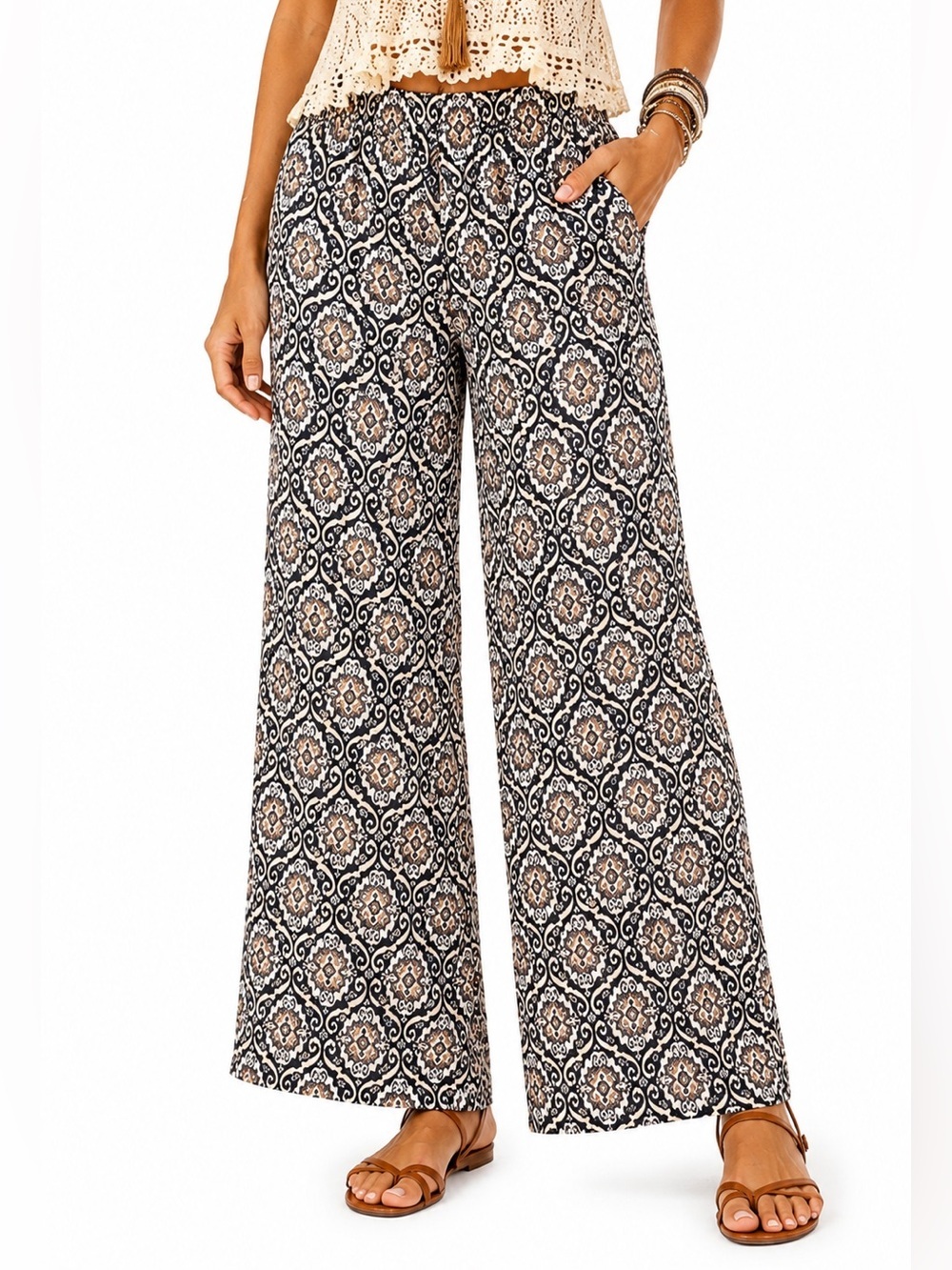 DENIM & CO BOHEMIAN BEACH MOSAIC GYPSY PANTS SZ MED